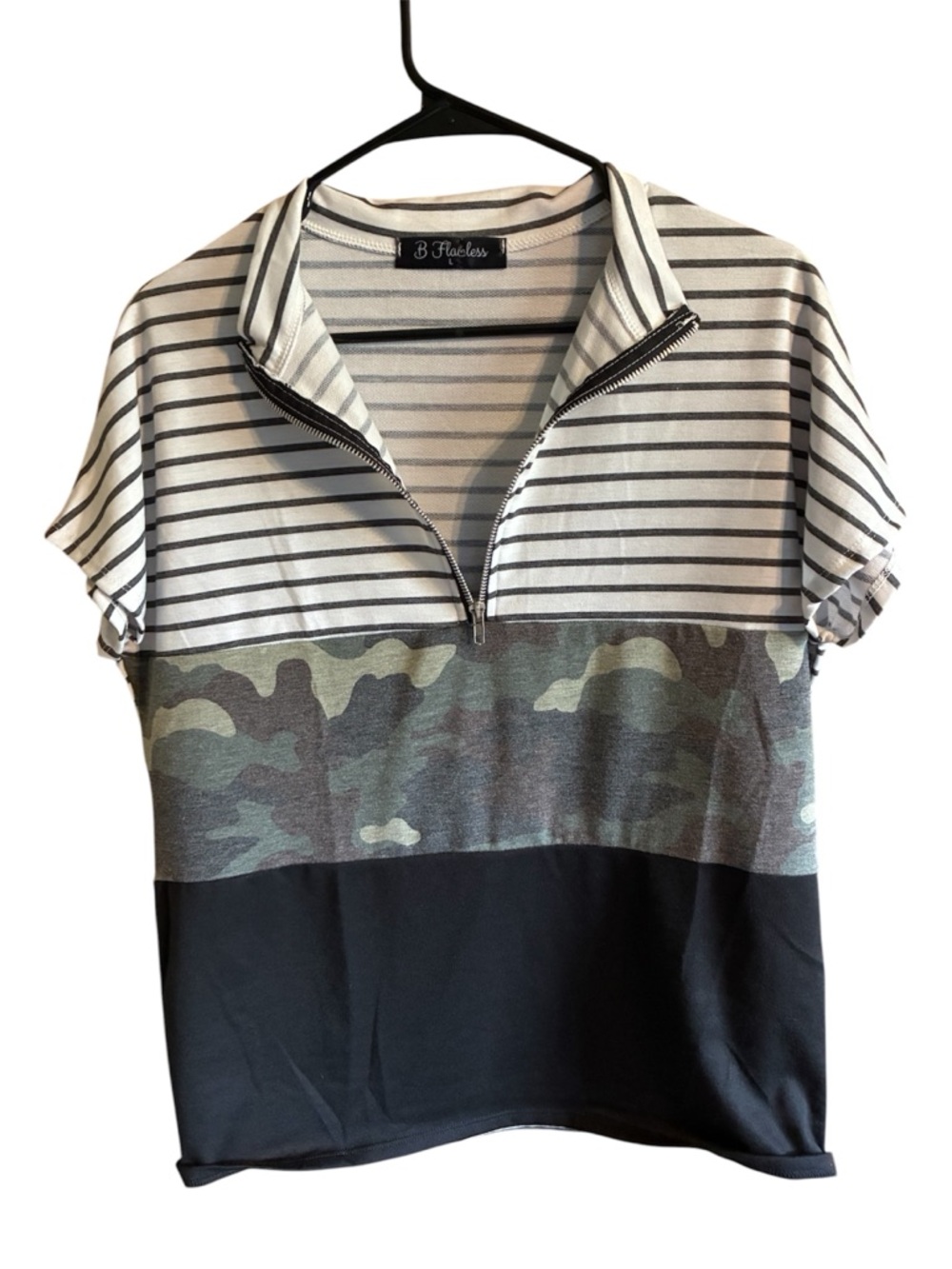 B. Flawless Striped, Camo & Black Zip Top